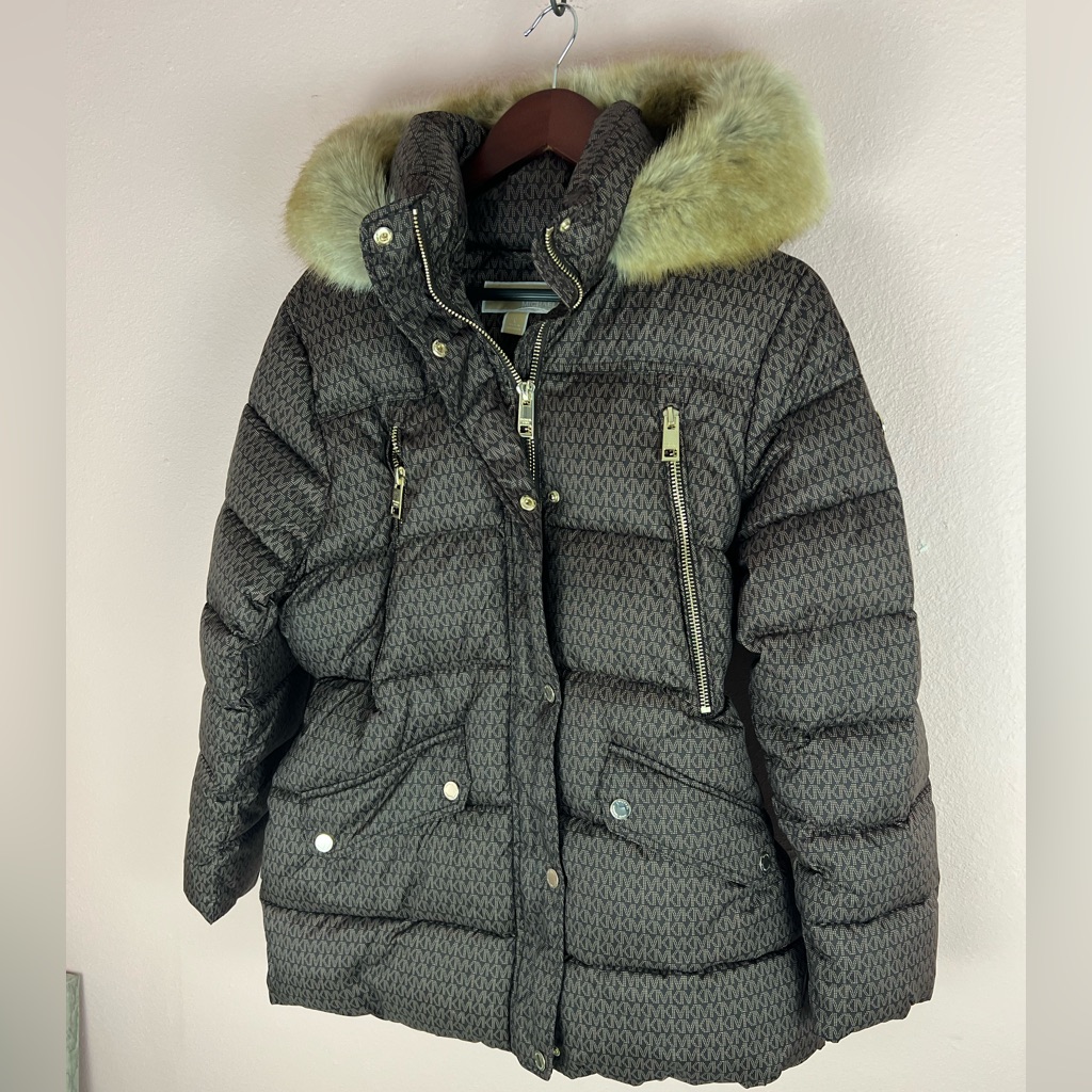 Gray Puffer Jacket With Fur Hood Micheal Kors Brown Monogram Logo Faux Line Hood